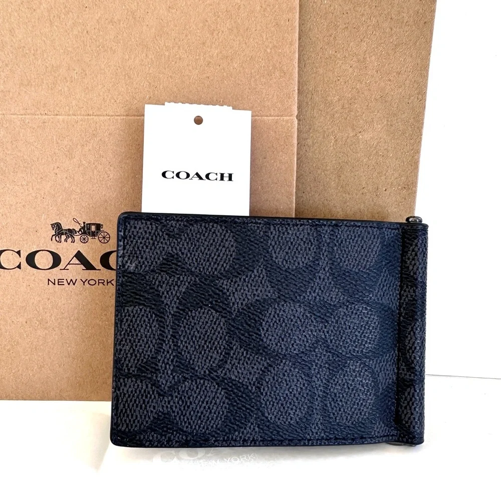 COACH SLIM MONEY CLIP BILLFOLD WALLET BLACK/GRAY SIGNATURE CANVAS NEW GIFT WRAP